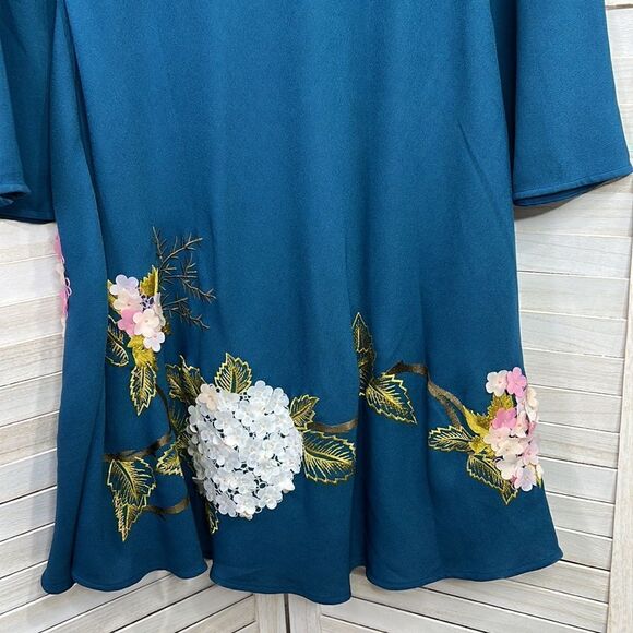 Anthropologie Varun Bahl Teal Hydrangea Swing Dress 2 - Picture 9 of 12